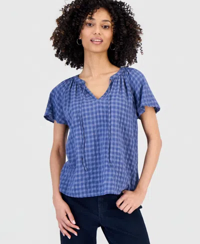 Style & Co Petite Paisley Bloom Flutter-sleeve Popover Top, Exclusively At Macy's In Blue