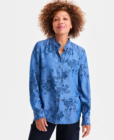 Style & Co Petite Paisley Print Chambray Shirt, Macy's Exclusive In Black