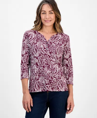 Style & Co Petite Paisley-print Henley Top, Macy's Exclusive In Burgundy