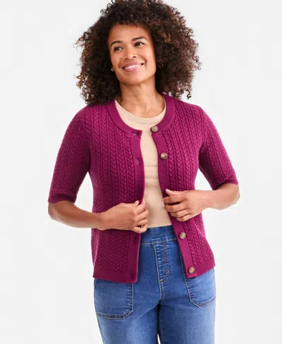Style & Co Petite Palomino Cable-knit Short-sleeve Cardigan, Macy's Exclusive In Red