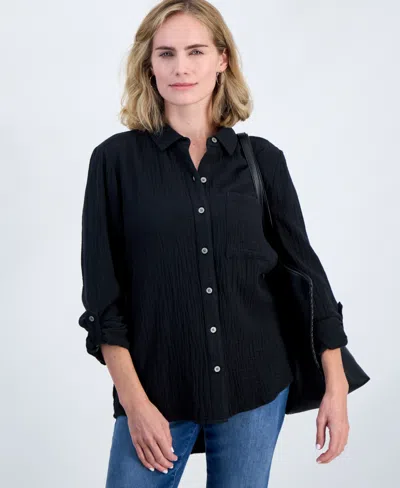 Style & Co Petite Perfect Button-front Roll-tab Cotton Shirt, Macy's Exclusive In Black