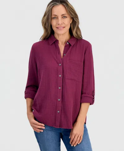 Style & Co Petite Perfect Button-front Roll-tab Cotton Shirt, Macy's Exclusive In Burgundy