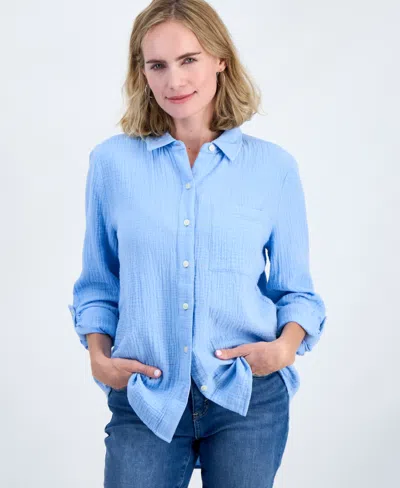 Style & Co Petite Perfect Button-front Roll-tab Cotton Shirt, Macy's Exclusive In Blue