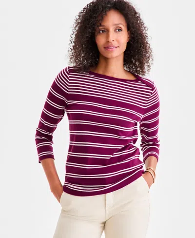 Style & Co Petite Pima Cotton Split Stripe 3/4-sleeve Boat-neck Top, Macy's Exclusive In Burgundy