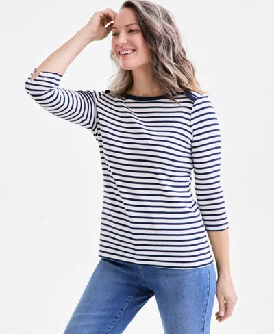 Style & Co Petite Pima Cotton Striped Boat-neck 3/4-sleeve Top, Exclusively At Macy's In Blue