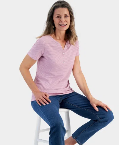 Style & Co Petite Pinstripe Henley T-shirt, Created For Macy's In Pinstripe Lilac
