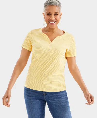 Style & Co Petite Pinstripe Henley T-shirt, Created For Macy's In Pinstripe Yellow