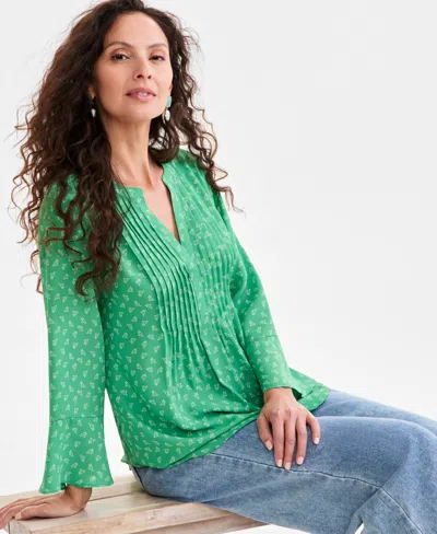 Style & Co Petite Pintuck Bell-sleeve Top, Exclusively At Macy's In Green