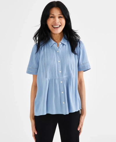Style & Co Petite Pintuck Short-sleeve Button-front Shirt, Created For Macy's In Blue Fog