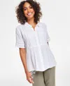 STYLE & CO PETITE PINTUCK SHORT-SLEEVE BUTTON-FRONT SHIRT, CREATED FOR MACY'S