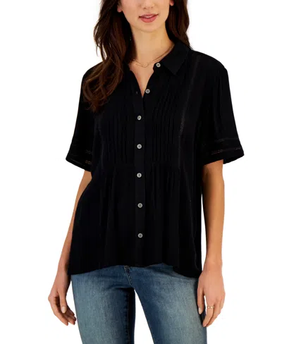 STYLE & CO PETITE PINTUCK SHORT-SLEEVE BUTTON-FRONT SHIRT, CREATED FOR MACY'S