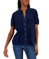 Style & Co Women's Pintuck Short-sleeve Button-front Shirt, Created For Macy's In Blue