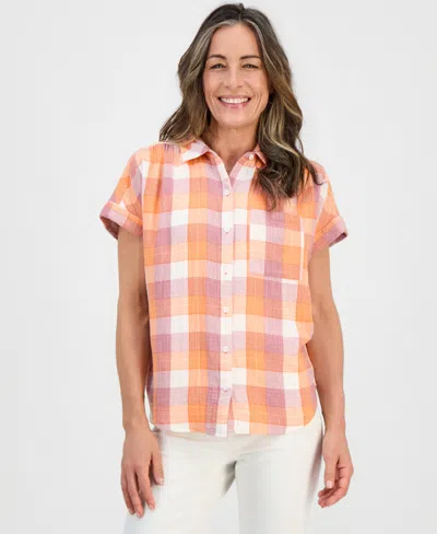 Style & Co Petite Plaid Button-up Cotton Camp Shirt, Macy's Exclusive In Orange