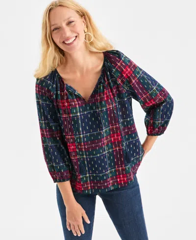 Style & Co Petite Plaid V-neck Top, Macy's Exclusive In Blue