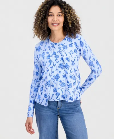 Style & Co Petite Poetic Floral Button-up Cardigan Sweater, Macy's Exclusive In Blue