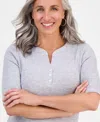 Style & Co Petite Pointelle Elbow-sleeve Henley Knit Top, Exclusively At Macy's In Gray