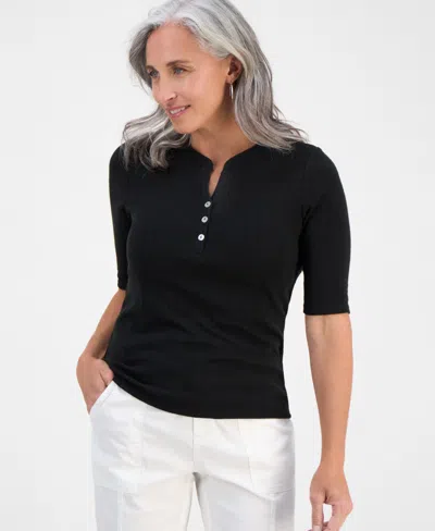 Style & Co Petite Pointelle Elbow-sleeve Henley Knit Top, Exclusively At Macy's
