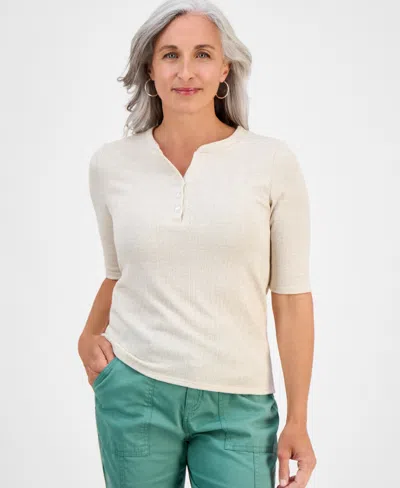 Style & Co Petite Pointelle Elbow-sleeve Henley Knit Top, Exclusively At Macy's