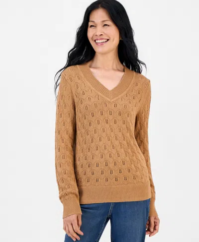 Style & Co Petite Pointelle V-neck Cotton Sweater, Created For Macy's In Brown