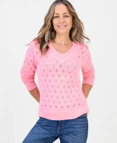 Style & Co Petite Pointelle V-neck Cotton Sweater, Created For Macy's In Pink