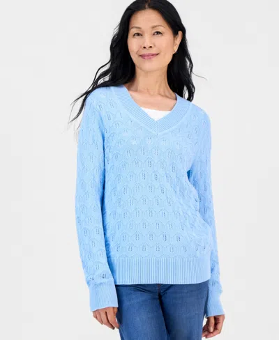 Style & Co Petite Pointelle V-neck Cotton Sweater, Created For Macy's In Blue