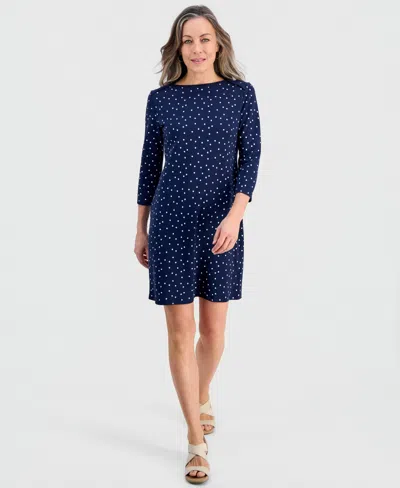 Style & Co Petite Polka Dot Knit Envelope-neck 3/4-sleeve Dress, Macy's Exclusive In Blue