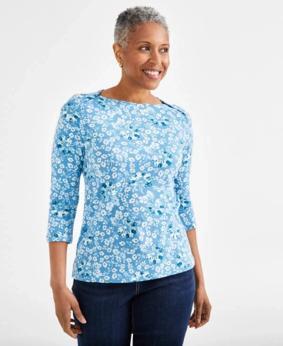 Style & Co Petite Pottery Floral 3/4-sleeve Pima Knit Top, Created For Macy's In Pottery Flower