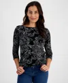 Style & Co Women's Pima Cotton Printed 3/4-sleeve Top, Created For Macy's In Linewk Black