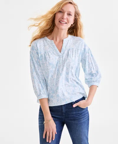 Style & Co Petite Printed 3/4-sleeve Top, Exclusively At Macy's In Floral Blue