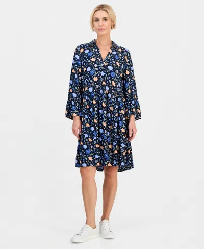 Style & Co Petite Printed 3/4-sleeve Tiered Shift Dress, Macy's Exclusive In Blue