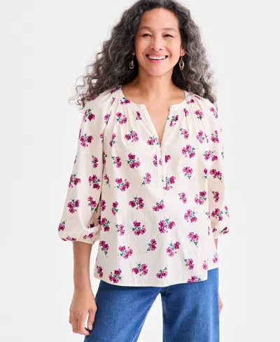 Style & Co Petite Printed Balloon-sleeve Popover Top, Macy's Exclusive In Multi