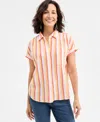 Style & Co Petite Sammy Striped Button-front Cotton Camp Shirt, Exclusively At Macy's In Sammy Orange