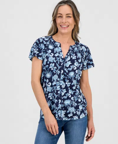 Style & Co Petite Printed Button-front Flutter-sleeve Top, Macy's Exclusive In Blue