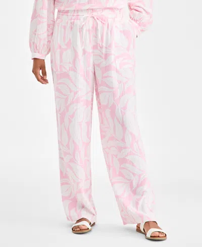 Style & Co Petite Printed Double Gauze Wide-leg Pants, Macy's Exclusive In Pink