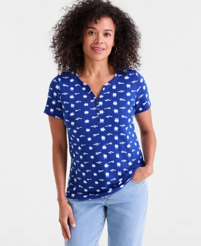 Style & Co Petite Printed Henley Top, Macy's Exclusive In Blue