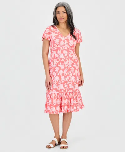 Style & Co Petite Printed Knit V-neck Midi Dress, Macy's Exclusive In Pink