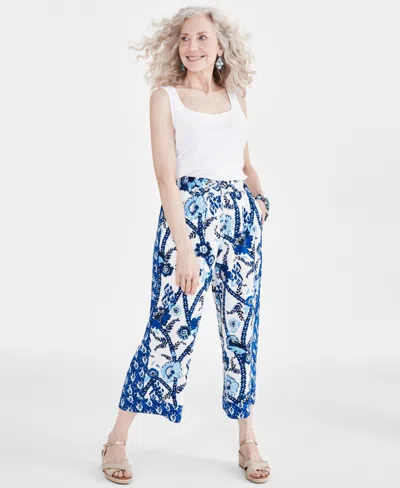 Style & Co Petite Printed Linen Pull On Cropped Drawstring Pants, Created For Macy's In Bright White