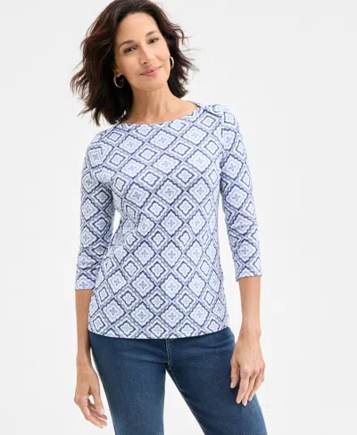 Style & Co Petite Printed Pima Cotton Knit Top, Exclusively At Macy's In Blue