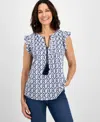 Style & Co Petite Printed Pintuck Ruffle-sleeve Blouse, Exclusively At Macy's In Blue