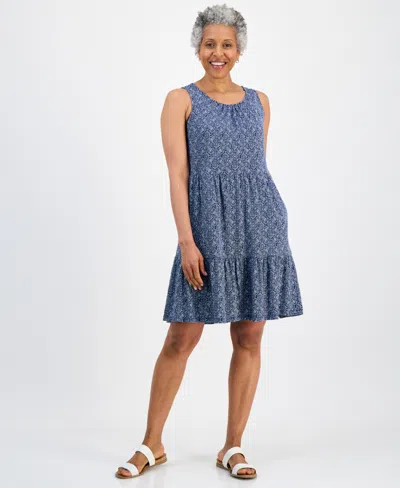 Style & Co Petite Printed Round-neck Tiered Tank Dress, Macy's Exclusive In Blue