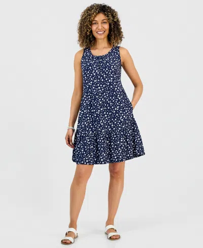 Style & Co Petite Printed Round-neck Tiered Tank Dress, Macy's Exclusive In Blue