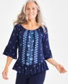 Style & Co Plus Size Printed 3/4-sleeve Top, Created For Macy's In Vine Blue