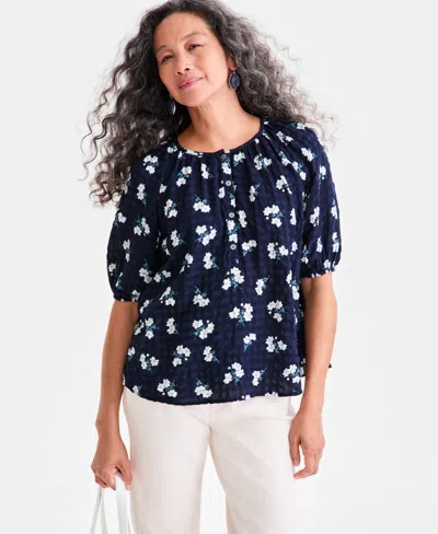 Style & Co Petite Printed Seersucker Puff-sleeve Popover Top, Macy's Exclusive In Blue