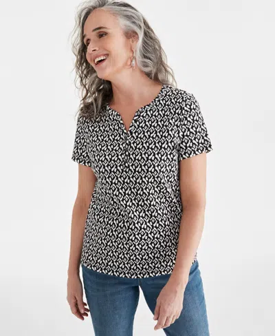 Style & Co Petite Printed Short-sleeve Henley Top, Created For Macy's In Rep Ikat Black