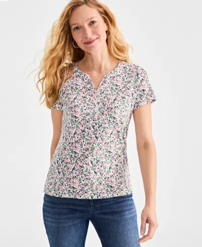 Style & Co Petite Printed Short-sleeve Henley Top, Exclusively At Macy's In Paige White