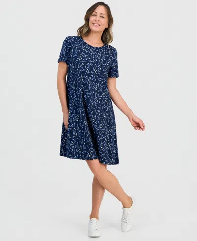 Style & Co Petite Printed Short-sleeve T-shirt Dress, Macy's Exclusive In Blue