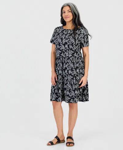 Style & Co Petite Printed Short-sleeve Tiered Knit Dress, Macy's Exclusive In Black