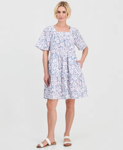 Style & Co Petite Printed Square-neck Short-sleeve Cotton Dress, Macy's Exclusive In Blue