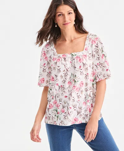 Style & Co Petite Printed Square-neck Short-sleeve Top, Macy's Exclusive In Multi