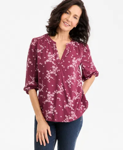 Style & Co Petite Puff-sleeve 3/4-sleeve Floral-print Blouse, Macy's Exclusive In Burgundy